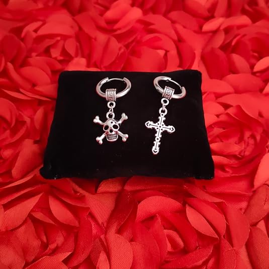 M Men Style Christ Jesus Cross With Gothic Skeleton Head Dangle Hoop Studs