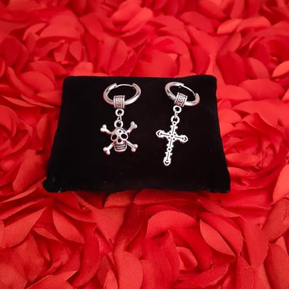 M Men Style Christ Jesus Cross With Gothic Skeleton Head Dangle Hoop Studs