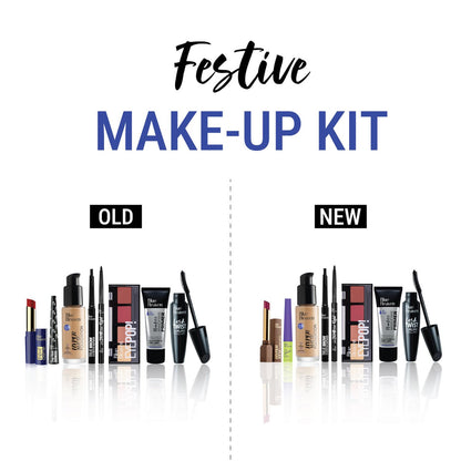 Detailed view of the eye makeup essentials from the Blue Heaven Festive Kit, including eyeliner, eyeshadow, and eyebrow definer.