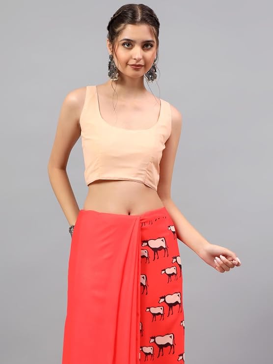 Vasthrlay Womens Red Floral, Solid, Striped Design Georgette Saree With Unstitched Blouse Piece