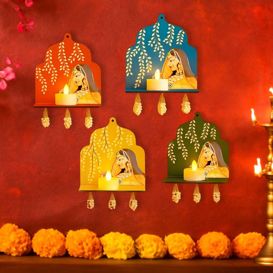 CraftVatika MDF Wooden Jharokha Diya Wall Hanging Tealight Holder Set of 4