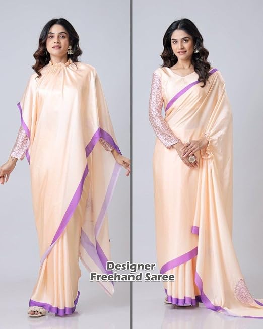 Vasthrlay Printed Kaftan Freehand Peach Women's Floral Satin Silk Saree