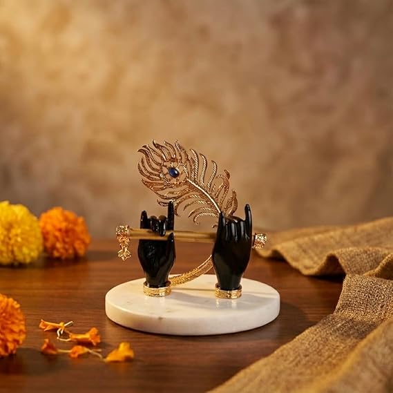 Gold Plated Melodic Krishna Hands Statue with Flute & Peacock Feather