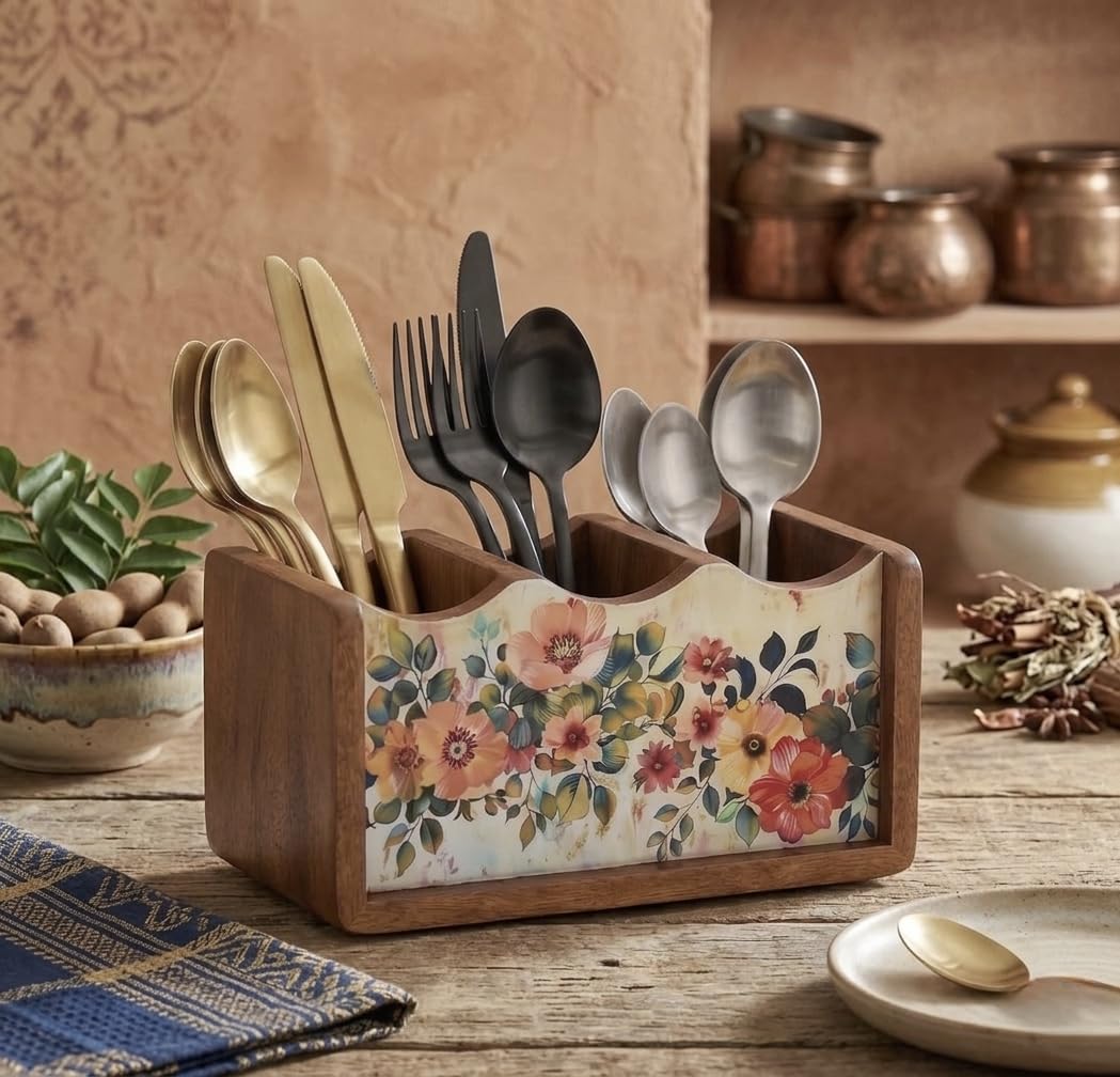 Solid Mango Wood Cutlery Holder, Handmade Wooden Utensil Stand with 3, 4 Inch