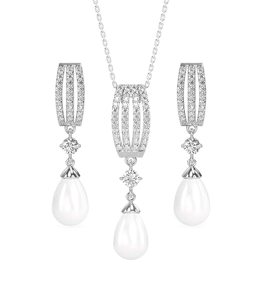 Clara 925 Sterling Silver Pearl Queen Pendant Earring Chain Jewellery Set