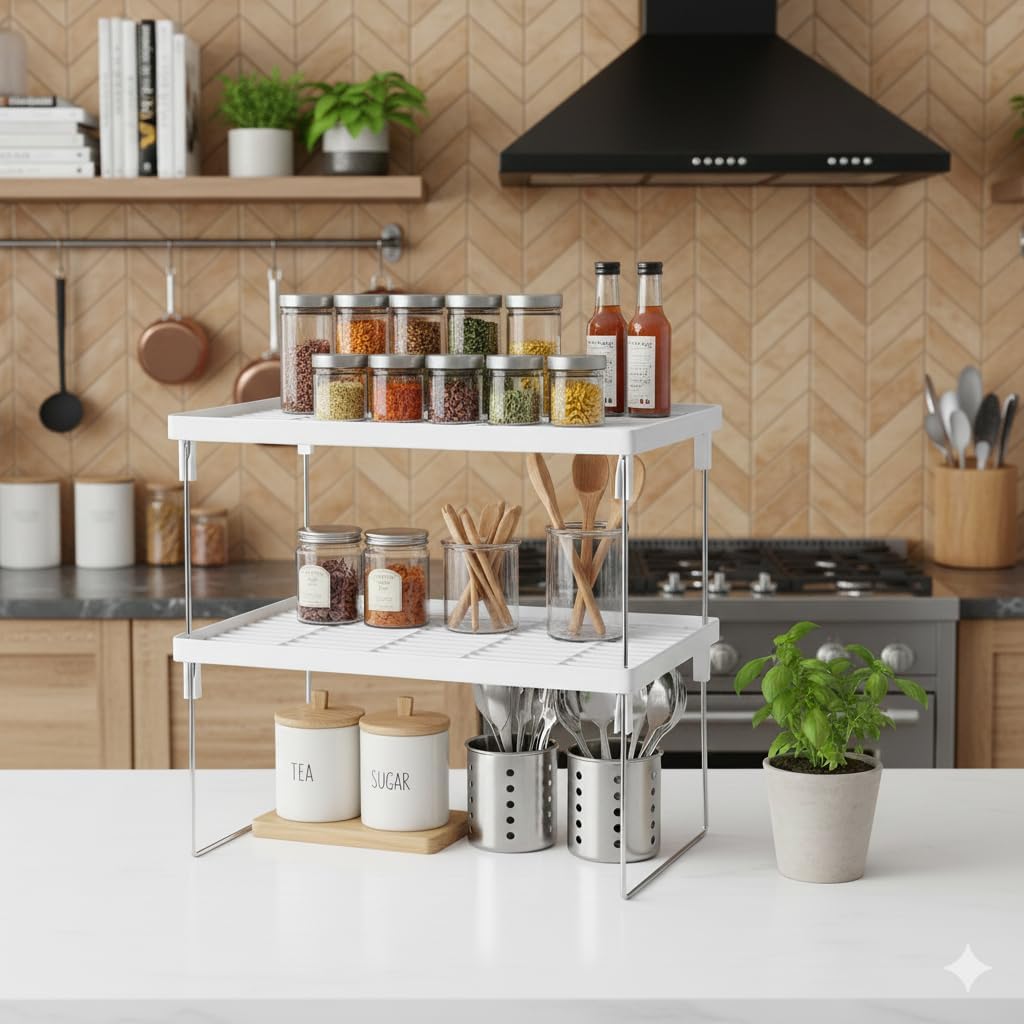 Stackable Kitchen & Bathroom Counter Shelf Organiser, 2 Tier, White