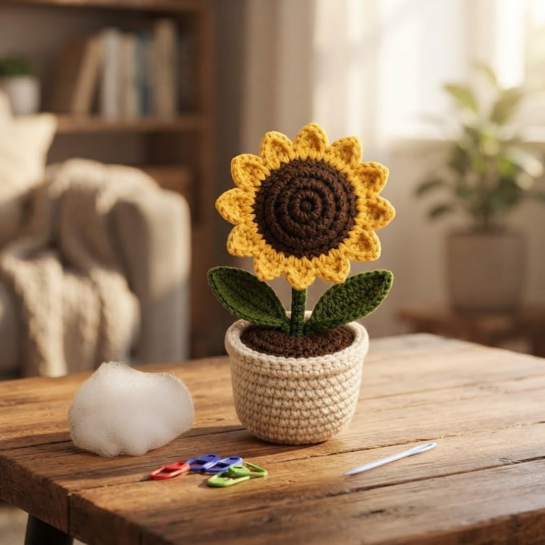 DIY Crochet Sunflower Kit for Beginners with Yarn, Hook, Needles & Keychain - image 3