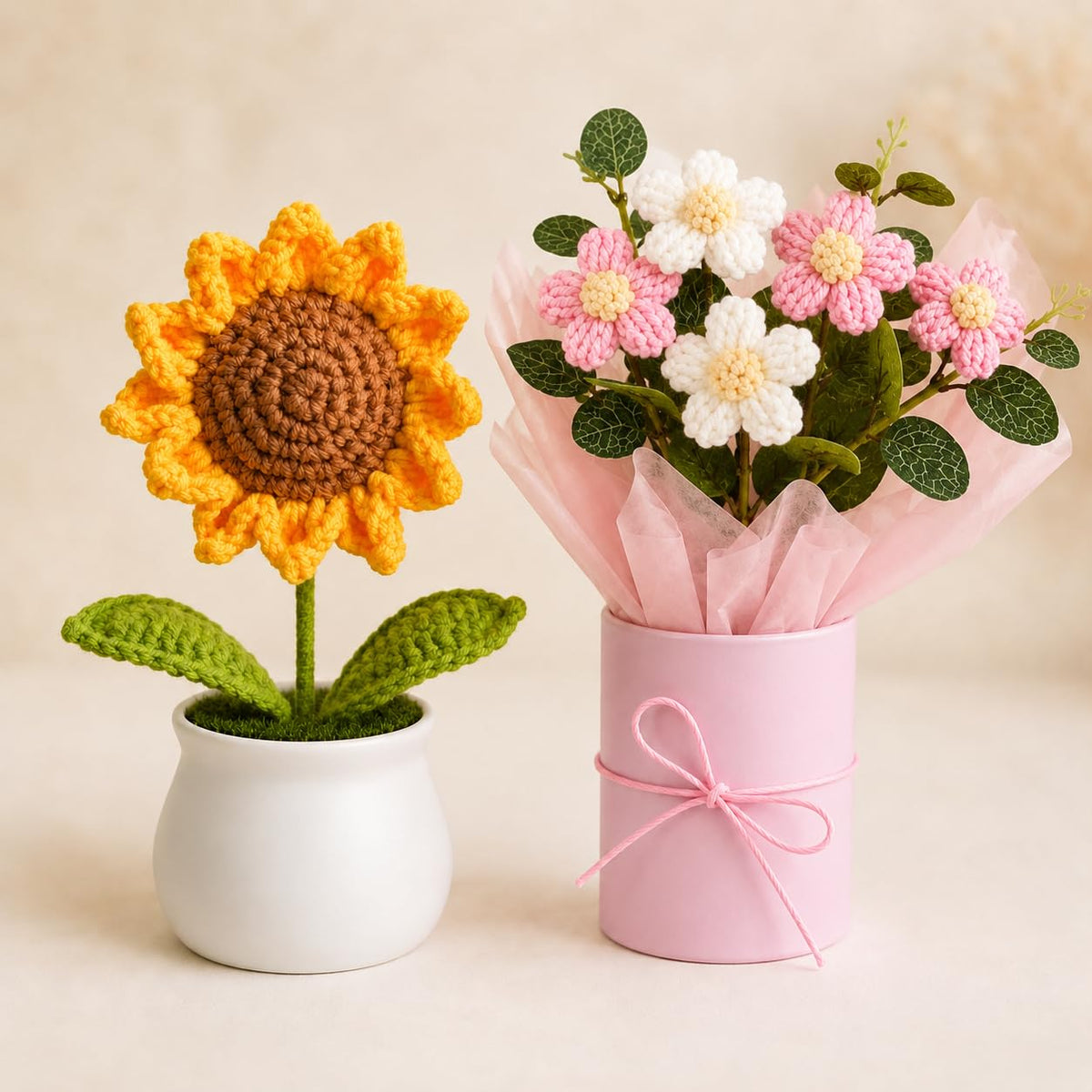 Crochet Sunflower & Pink Flower Bouquet Combo - image 2