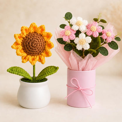 Crochet Sunflower & Pink Flower Bouquet Combo - image 2