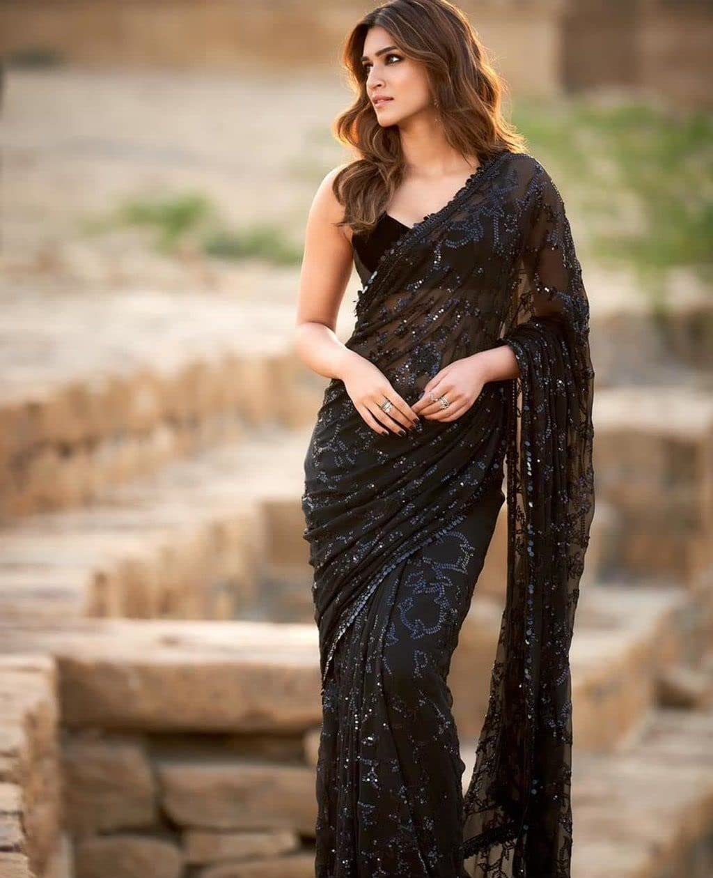 Vasthrlay Black Sequins Saree with elegant georgette styling