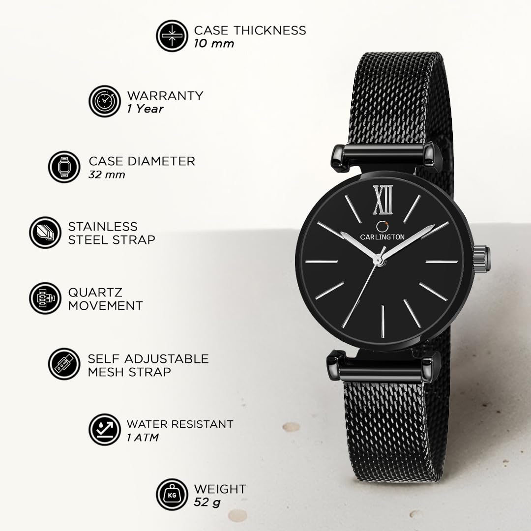 Carlington Analog Watches for Women with mesh Strap - CT 2016 - Black