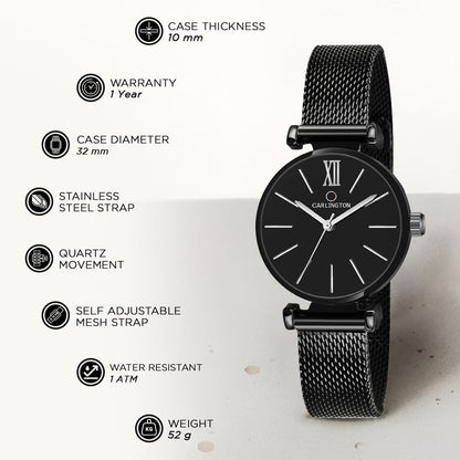 Carlington Analog Watches for Women with mesh Strap - CT 2016 - Black
