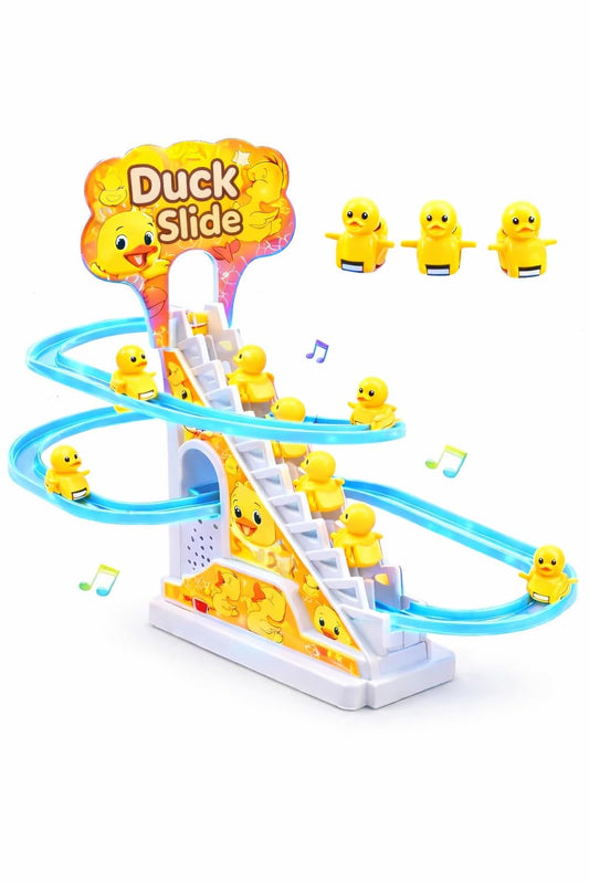 TEC TAVAKKAL Duck Slide Toy Automatic Stair Climbing Ducklings Track Set with Music and Lights
