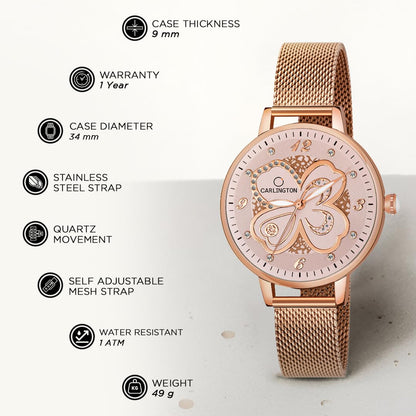 Carlington Analog Watches for Women with mesh Strap - CT 2019 - Rose Gold