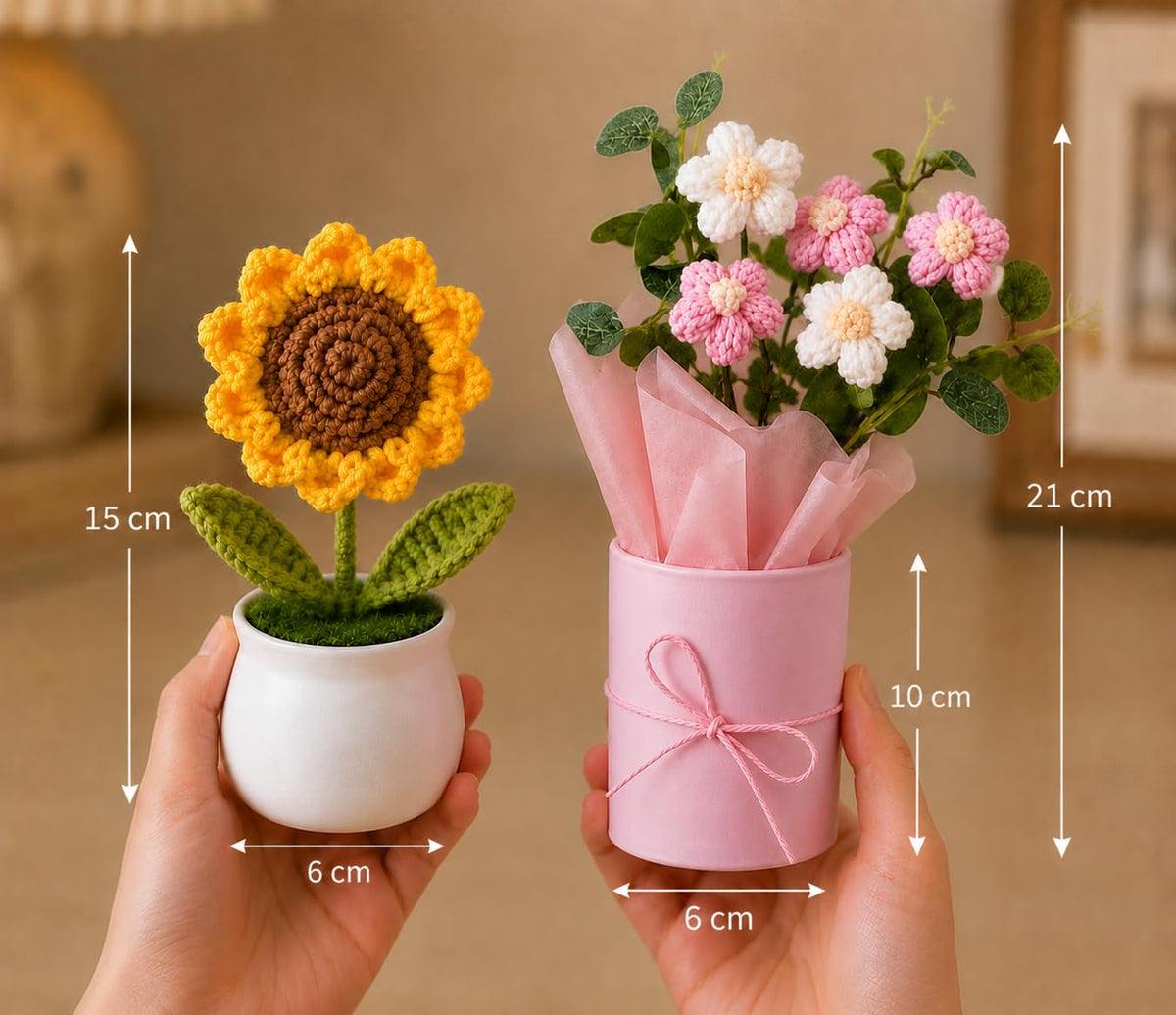 Crochet Sunflower & Pink Flower Bouquet Combo - image 4
