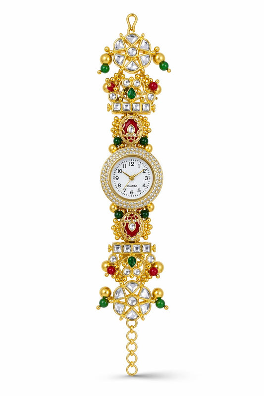 Kashmiri Meenakari Round Dial Bracelet Watch | Gold Tone | Red and Green Kundan
