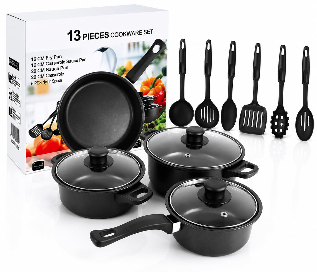 13Pcs Non-Stick Iron Kitchen Cookware Set with Lids