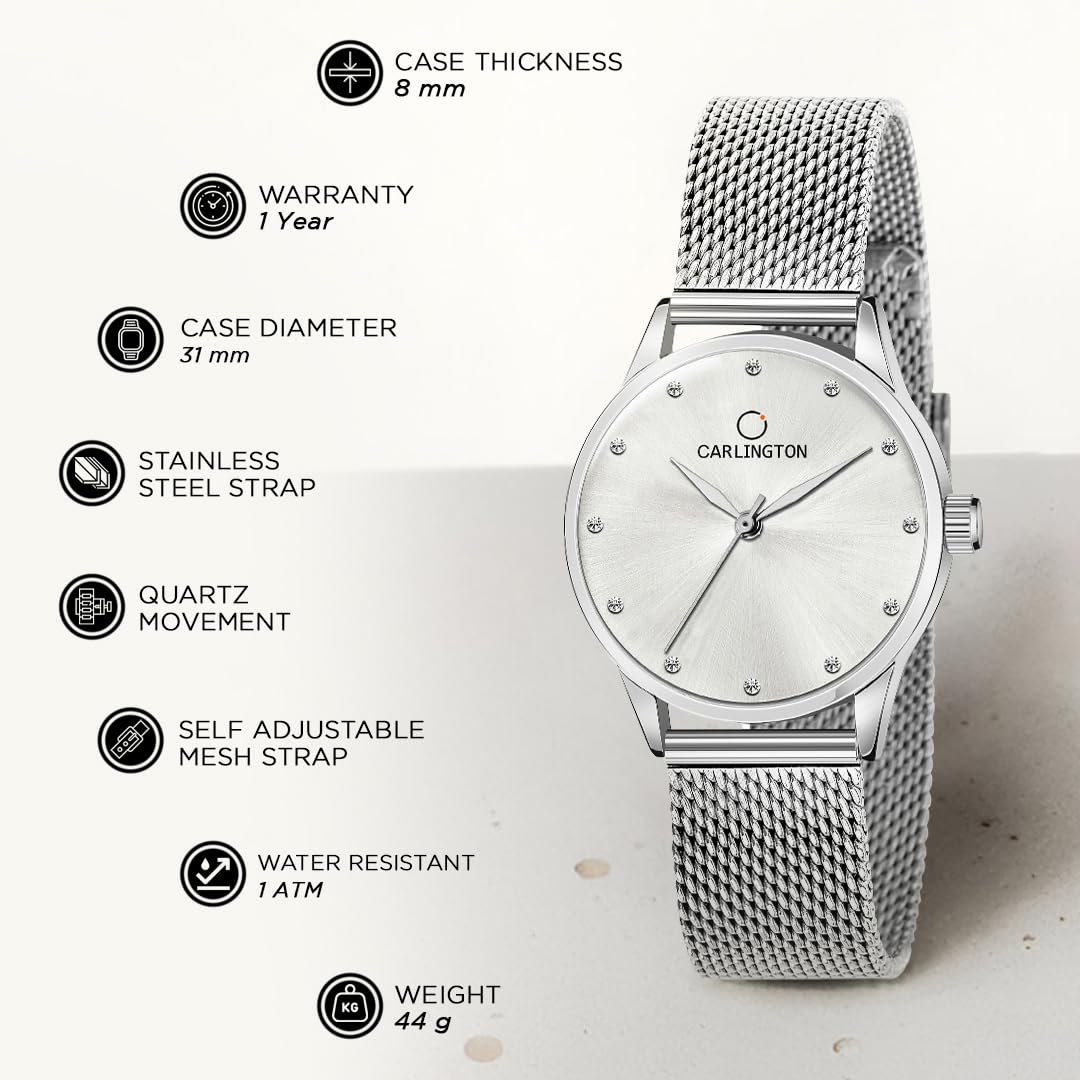 Carlington Analog Watches for Women with mesh Strap - CT 2009 - Silver