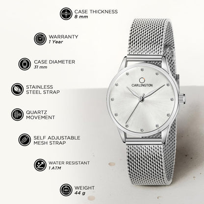 Carlington Analog Watches for Women with mesh Strap - CT 2009 - Silver