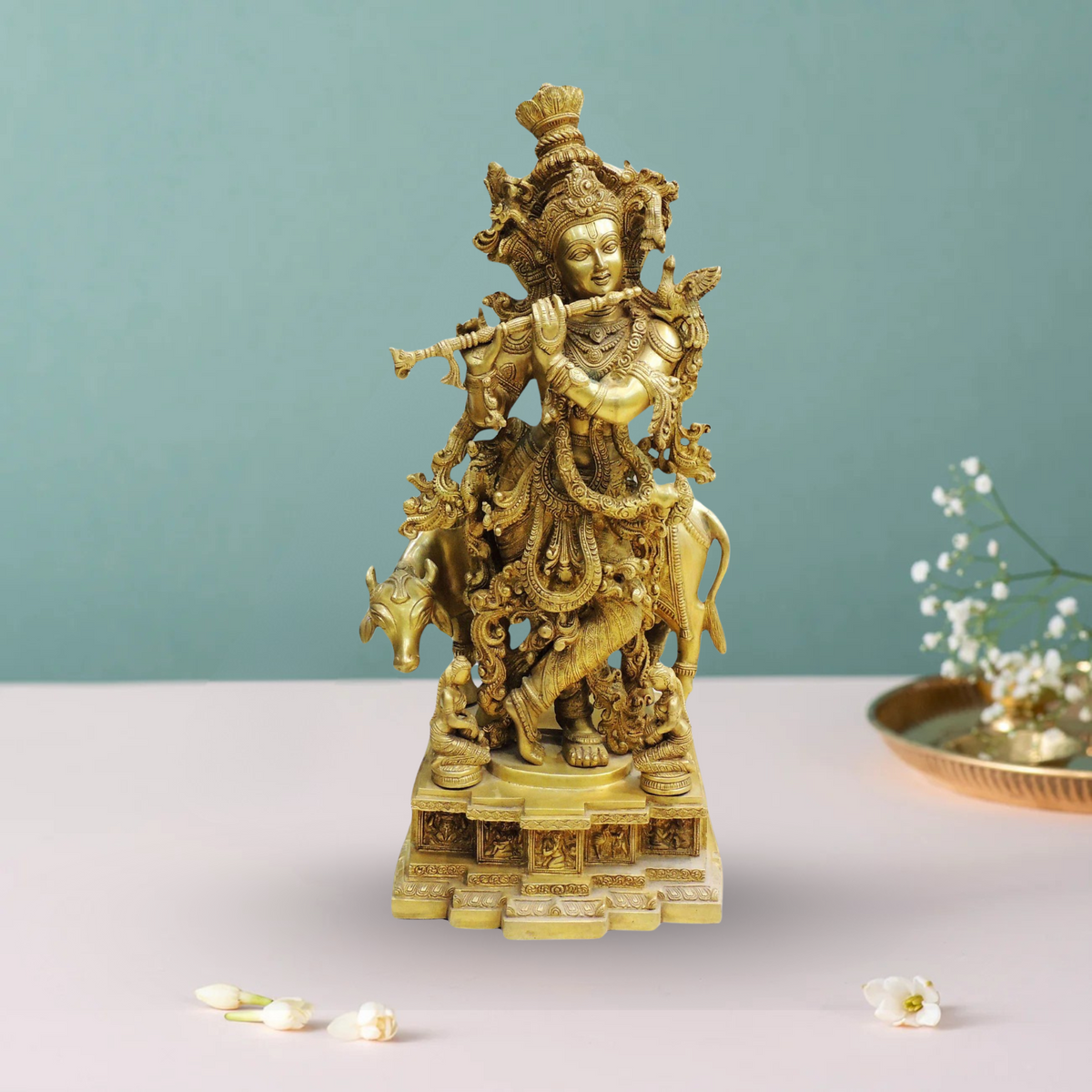 Brass Cow With Krishna God Idol Statue 34Kg - PUSHMYCART