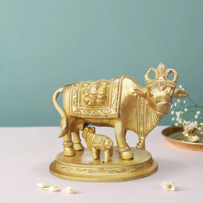 Brass Cow With Calf Statue 0.88Kg - PUSHMYCART