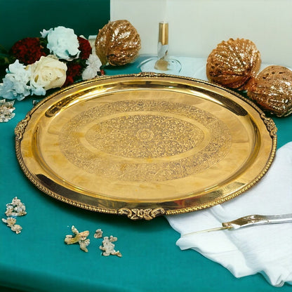 Tamas Brass Floral Etching Oval Ornate Serving Tray - PUSHMYCART