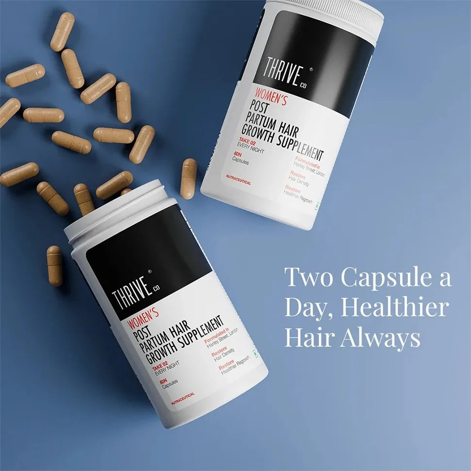 Thriveco Postpartum Hair Growth Supplement 60N for women, showing bottle and capsules, against a soft background. - Image 7
