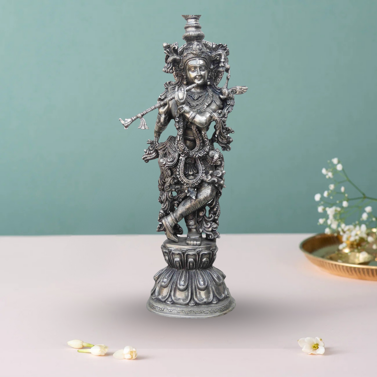 Brass Krishna Statue With Silver Antique Finish 11.335Kg - PUSHMYCART