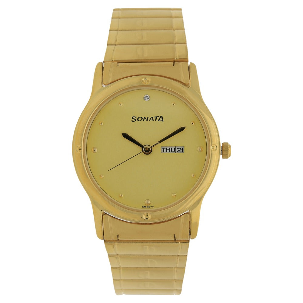 Sonata Quartz Analog Champagne Dial Stainless Steel Strap Watch for Men Style NU7023YM09 image 1