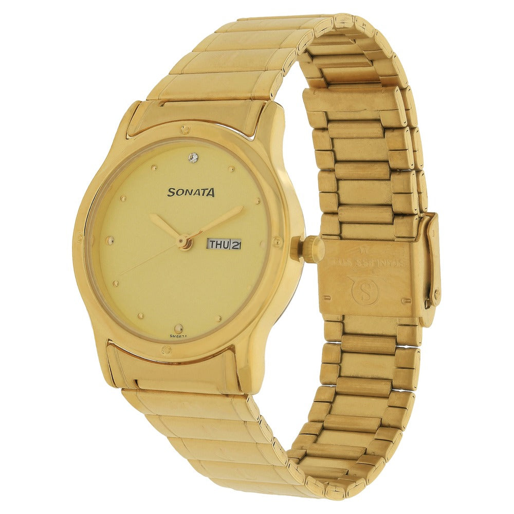 Sonata Quartz Analog Champagne Dial Stainless Steel Strap Watch for Men Style NU7023YM09 image 2