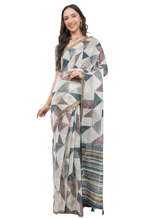 Vasthrlay Womens Off White 4 Botanical Printed Linen Saree With Self Woven Border And Unstitched Blouse Piece