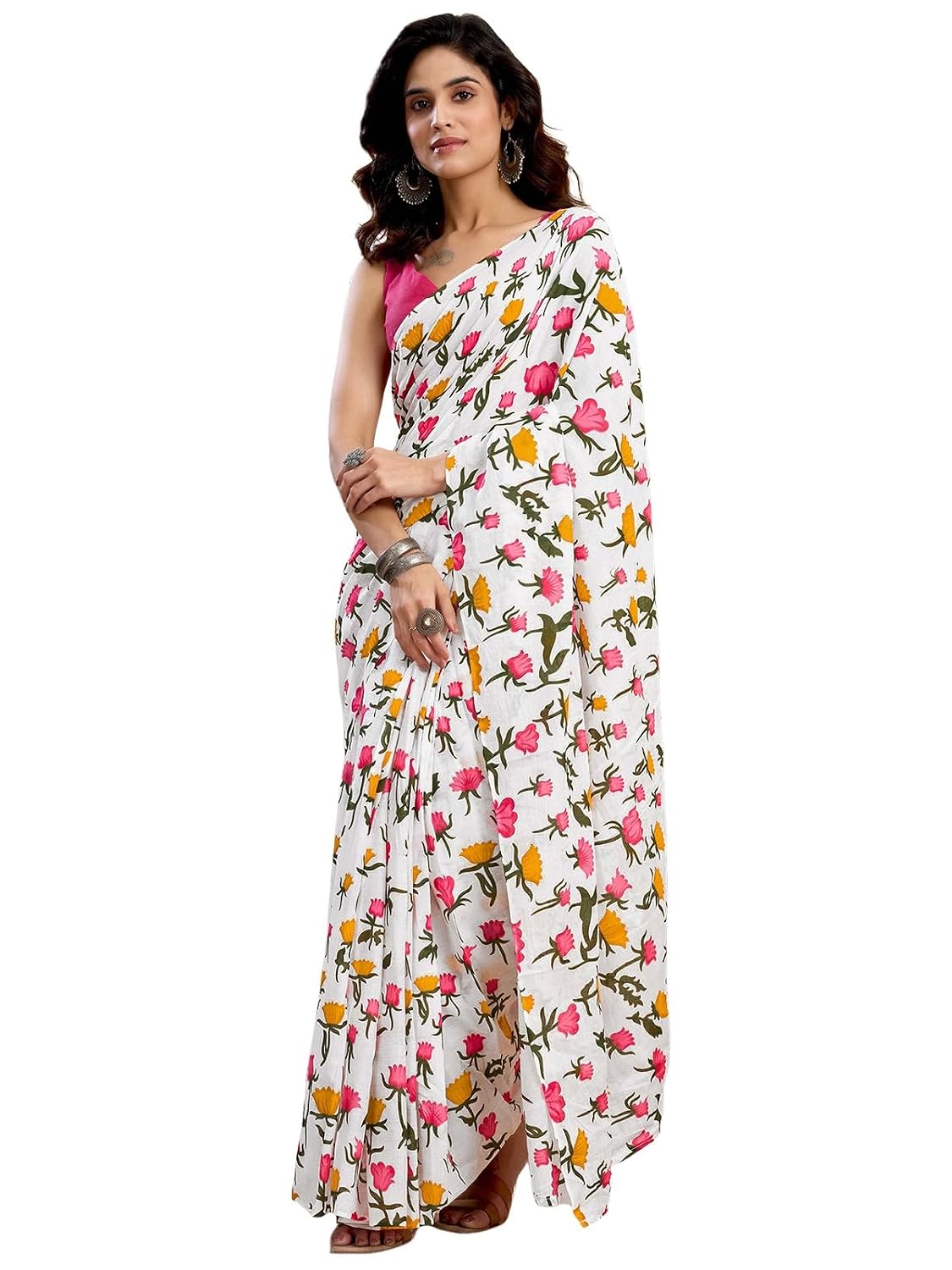 Vasthrlay Womens Printed White Saree With Pink Unstitched Blouse Piece