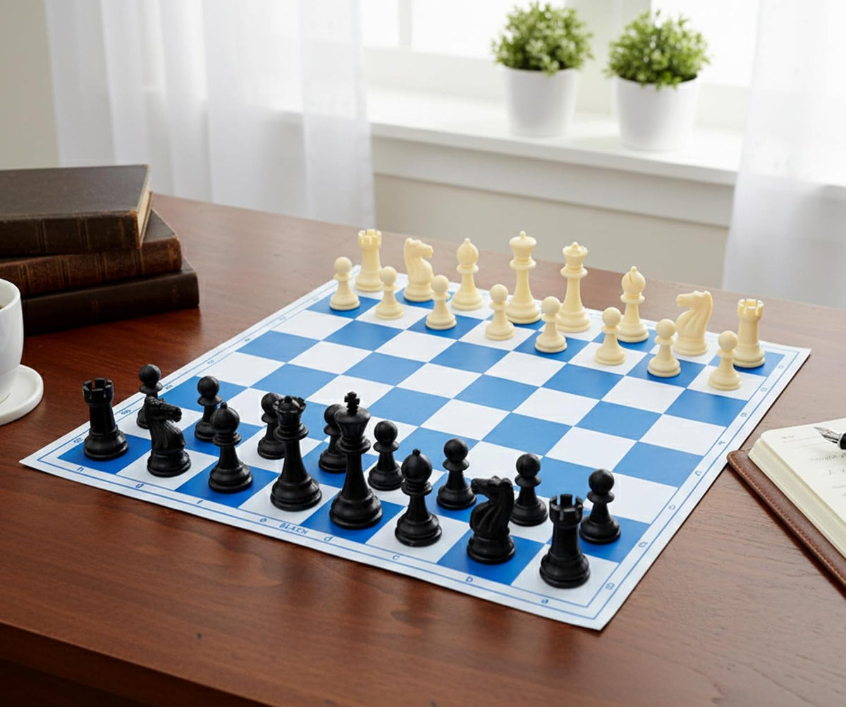 StonKraft Tournament Chess Vinyl Foldable Board 18.2 Inch with Solid Plastic Pieces and Two Extra Queens
