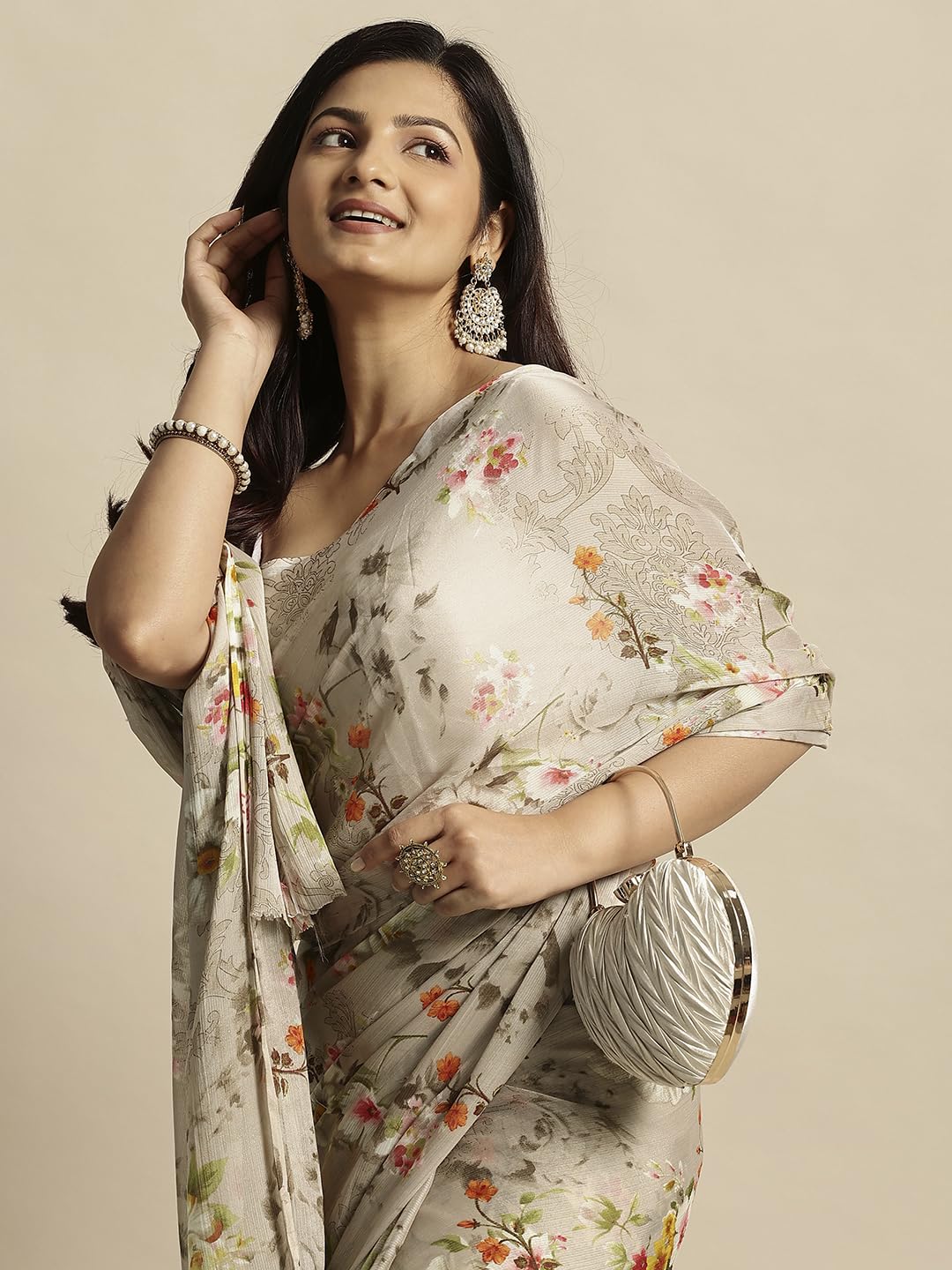 Vasthrlay Chiffon Pink Saree with decorative printed design