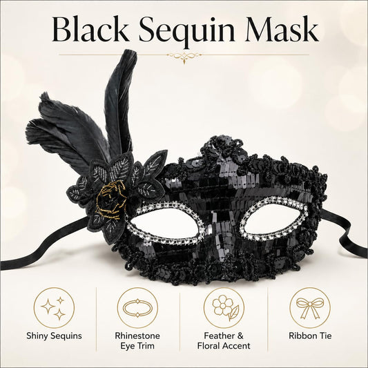 Wanna Party Black Sequin Masquerade Mask with Feather for Women and Men