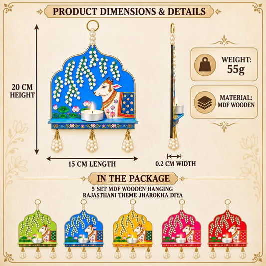 CraftVatika Pichwai Cow Print MDF Wooden Jharokha Diya Wall Hanging Set of 5