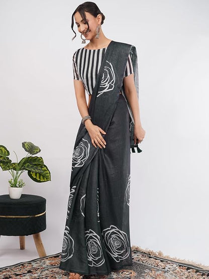 Vasthrlay Black1 Womens Printed Linen Saree With Unstitched Blouse Piece
