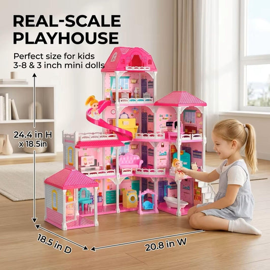 Doloowee Doll House for Girls 4 Stories 10 Rooms with 2 Dolls 4 Dogs and Slide