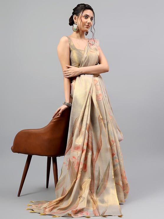 Vasthrlay Womens Gold1 Floral & Solid Design Polyester Saree With Unstitched Blouse Piece
