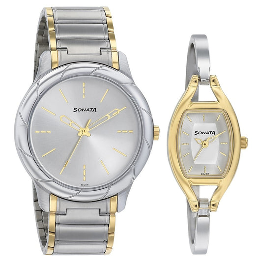 Sonata Quartz Analog Silver Dial Stainless Steel Strap Watch for Couple Style NU71258114BM01 image 1
