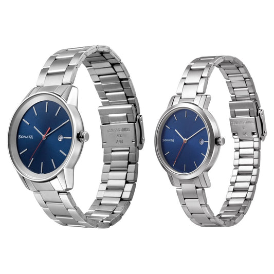 Sonata Quartz Analog with Date Blue Dial Metal Strap Watch for Couple image 2