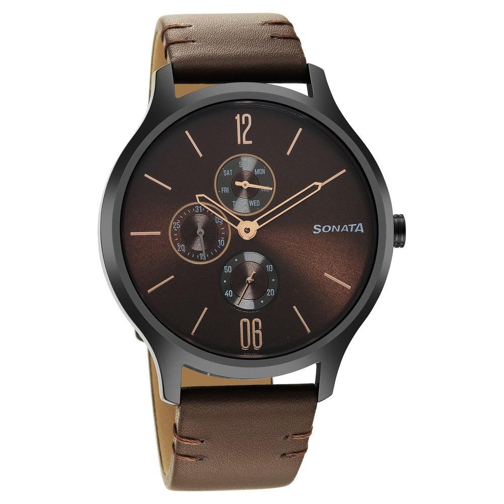 Sonata Quartz Multifunction Brown Dial Leather Strap Watch for Men image 1