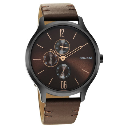 Sonata Quartz Multifunction Brown Dial Leather Strap Watch for Men image 1