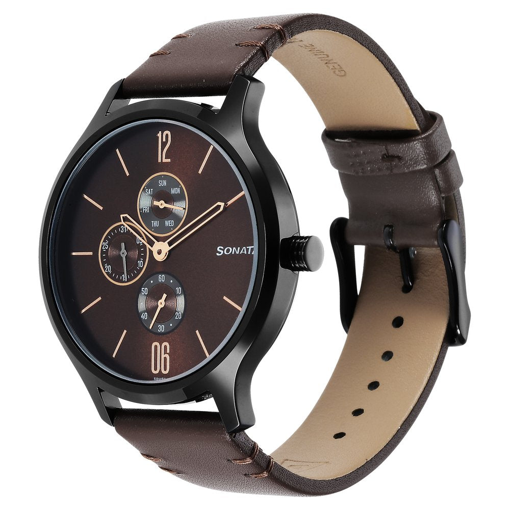 Sonata Quartz Multifunction Brown Dial Leather Strap Watch for Men image 2