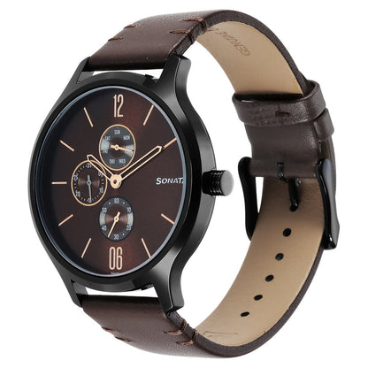 Sonata Quartz Multifunction Brown Dial Leather Strap Watch for Men image 2