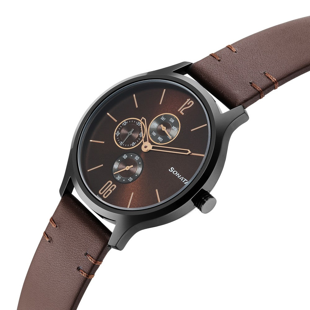 Sonata Quartz Multifunction Brown Dial Leather Strap Watch for Men image 3