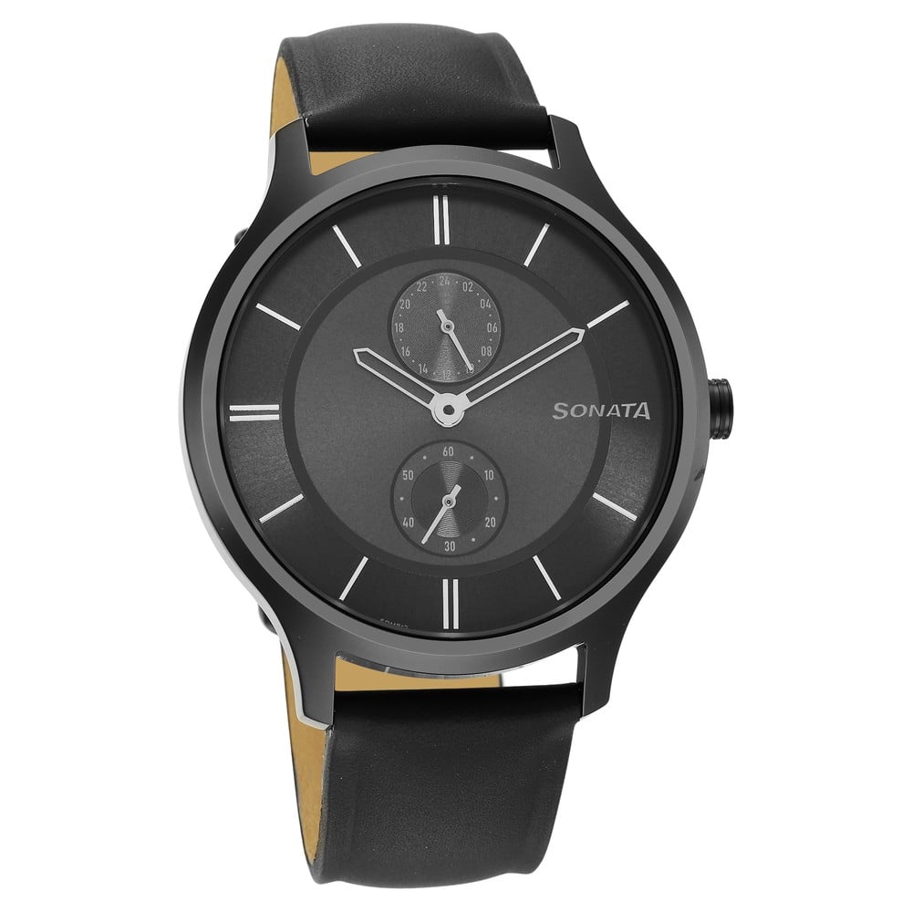 Sonata Quartz Multifunction Grey Dial Leather Strap Watch for Men image 1
