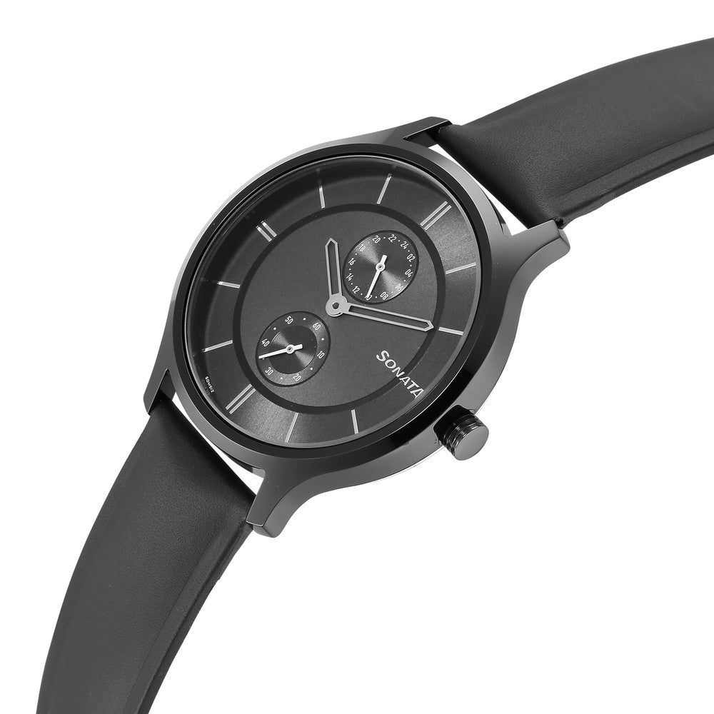 Sonata Quartz Multifunction Grey Dial Leather Strap Watch for Men image 3