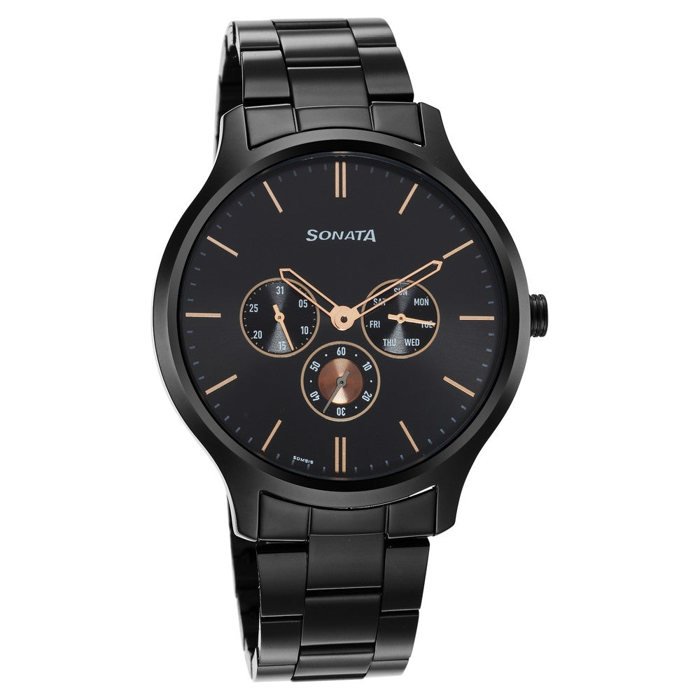 Sonata Quartz Multifunction Black Dial Stainless Steel Strap Watch for Men image 1