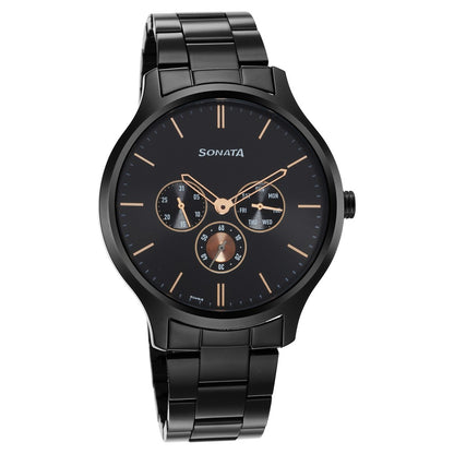Sonata Quartz Multifunction Black Dial Stainless Steel Strap Watch for Men image 1